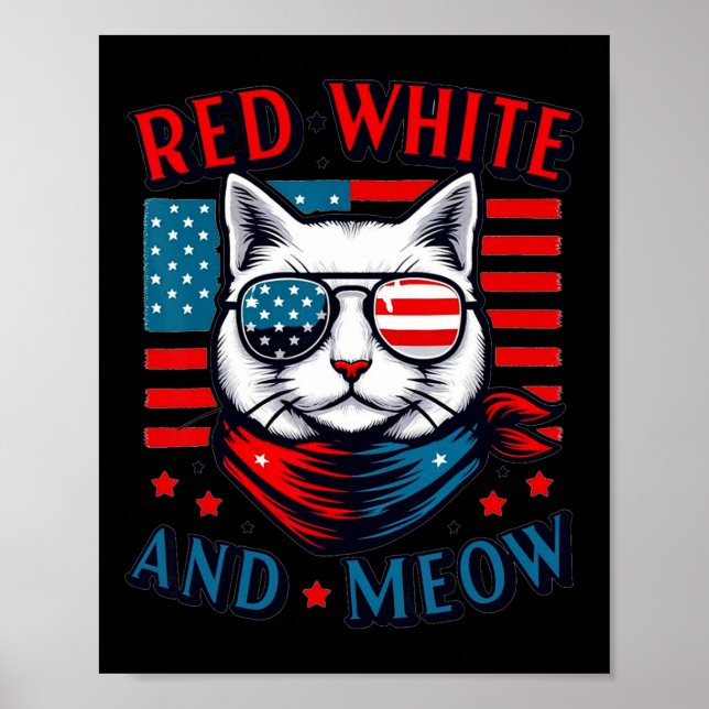 Affiche Drapeau Américain Rouge Blanc Et Meow Chat 4 juill (Devant)