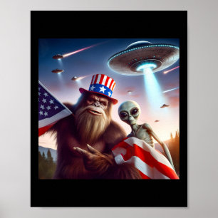 Affiche Drapeau Américain Sasquatch Avec Alien Ufo Bigfoot