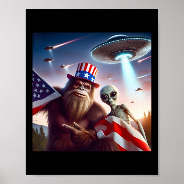 Affiche Drapeau Américain Sasquatch Avec Alien Ufo Bigfoot (Devant)