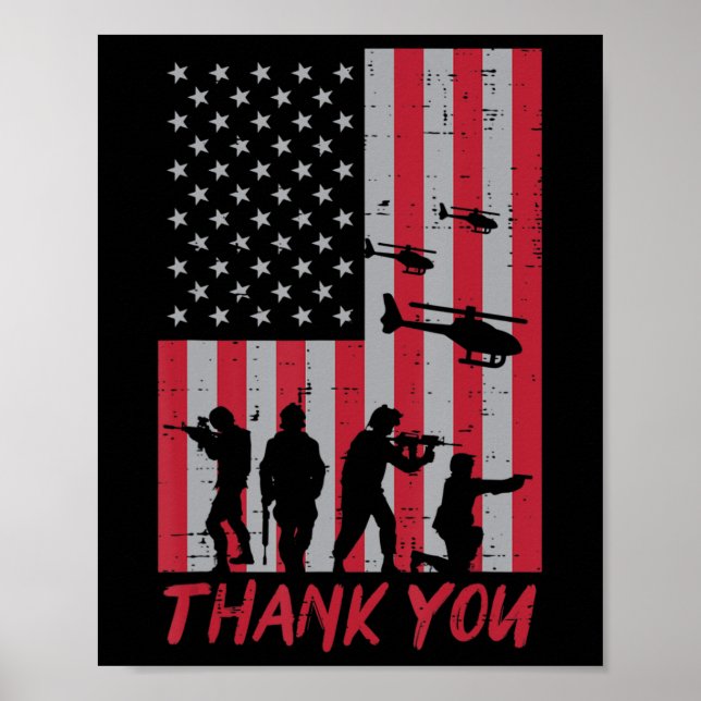 Affiche Drapeau américain Soldats Hélicoptère Merci Jour d (Devant)