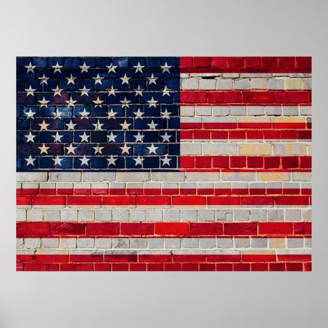 Affiche Drapeau américain sur un mur de briques (Devant)