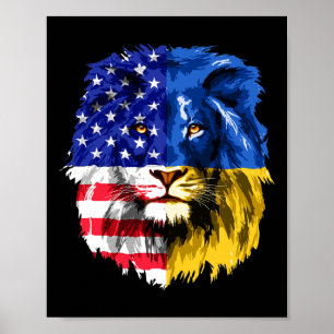 Affiche Drapeau américain ukrainien Ukraine Lion Visage Ét