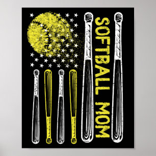 Affiche Drapeau américain Vintage softball Fête des mères 