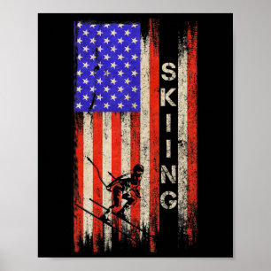 Affiche Drapeau américain vintage Usa Skieur Silhouette