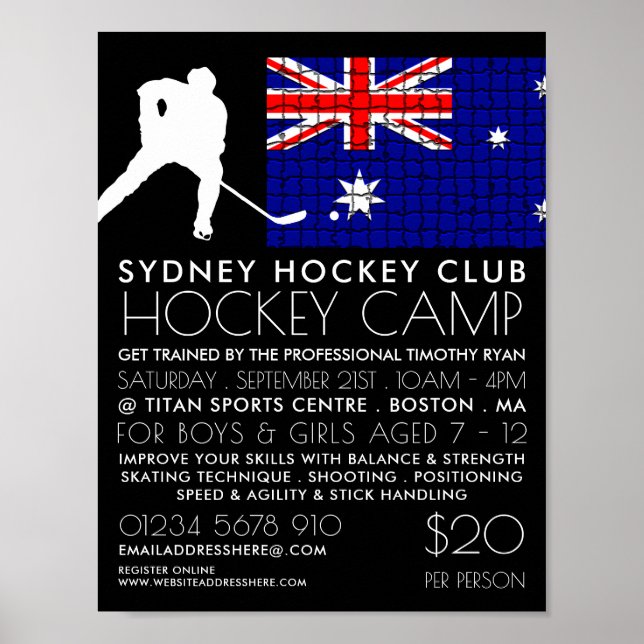 Affiche Drapeau australien, Joueur de hockey, Publicité de (Devant)
