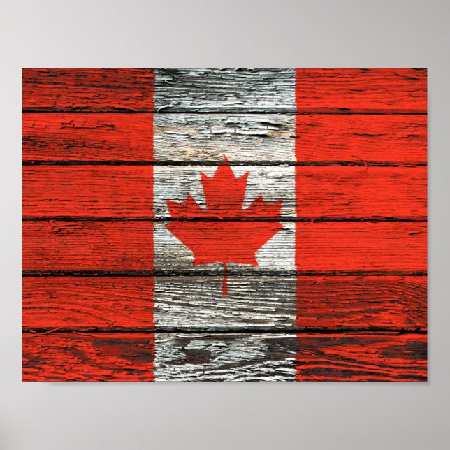 Affiche Drapeau canadien avec effet de grain de bois brut (Devant)
