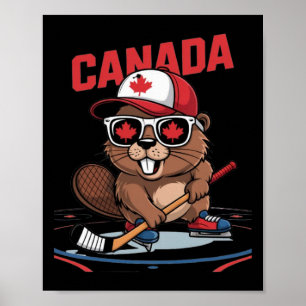 Affiche Drapeau canadien Feuille d'érable Castor Bâton de