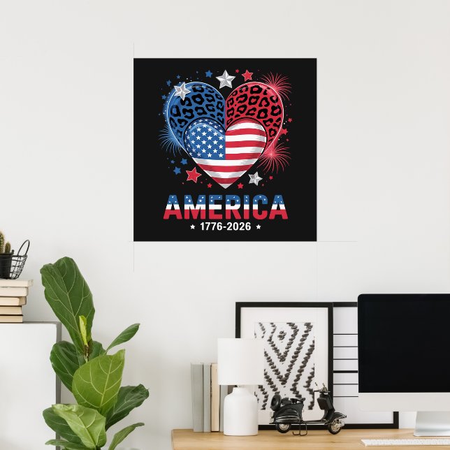 Affiche Drapeau cœur léopard 1776 2026 4 juillet (Bureau à domicile)