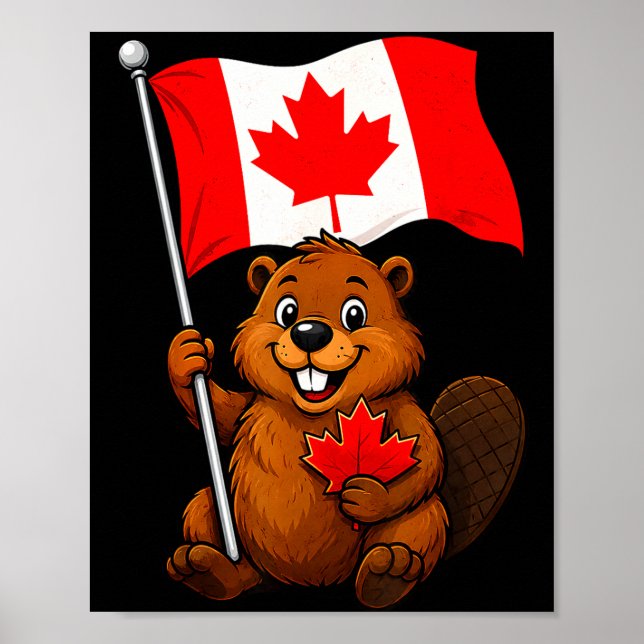Affiche Drapeau de castor mignon feuille d'érable patrioti (Devant)