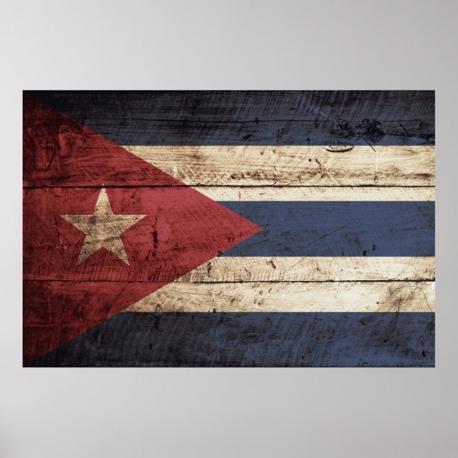 Affiche Drapeau de Cuba sur le vieux grain de bois (Devant)