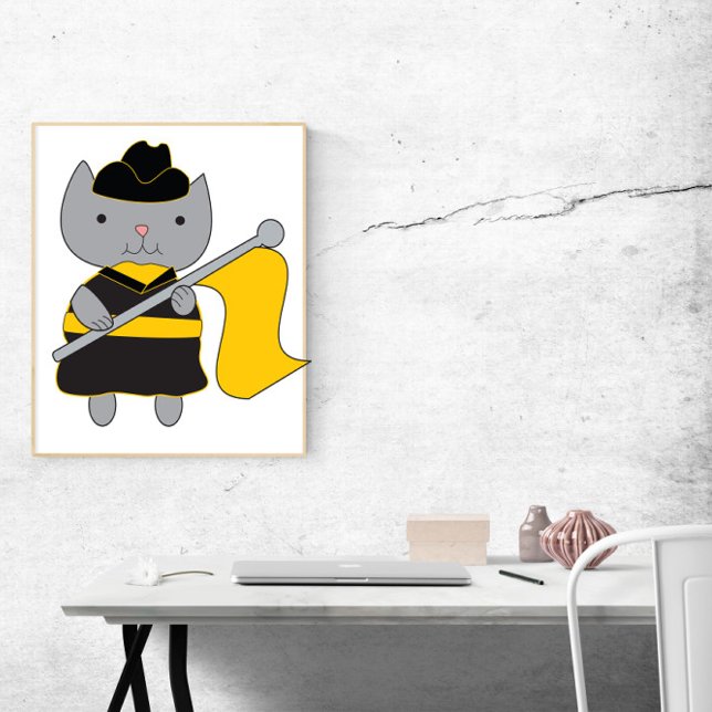 Affiche Drapeau de Garde de Couleur Chat Noir et Jaune Or (A poster featuring a gray cat wearing a black and yellow gold color guard uniform with flag.)