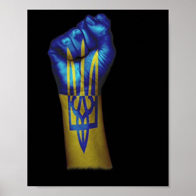 Affiche Drapeau De L'Ukraine + Trident Sur Un Poing Serré  (Devant)