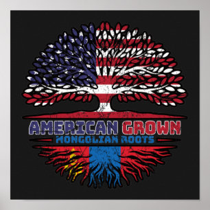 Affiche Drapeau des racines d'arbre Mongolie-Amérique