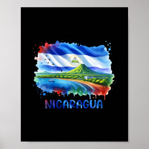 Affiche Drapeau du Nicaragua Art Paysage Volcan et littora