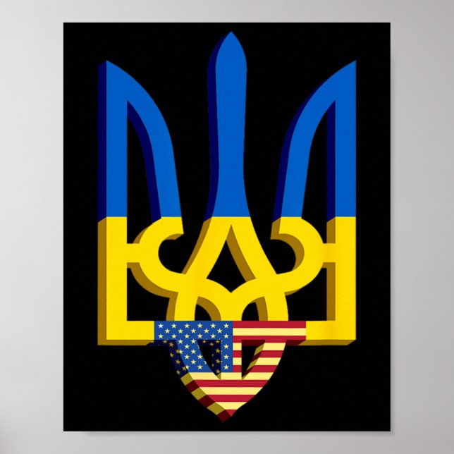 Affiche Drapeau et armoiries de l'Ukraine avec drapeau amé (Devant)