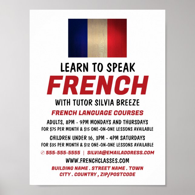 Affiche Drapeau français en bois, Cours de français Advert (Devant)