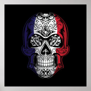 Affiche Drapeau France Crâne Et Rose