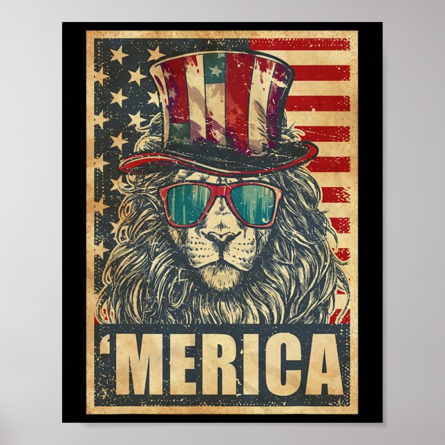 Affiche Drapeau Lion Merica Amérique Vintage 4 juillet (Devant)