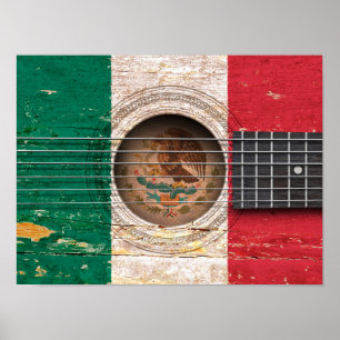 Affiche Drapeau mexicain sur la vieille guitare acoustique