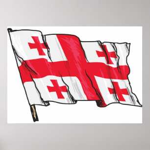 Affiche Drapeau ondulant de Géorgie rouge et blanc à cinq