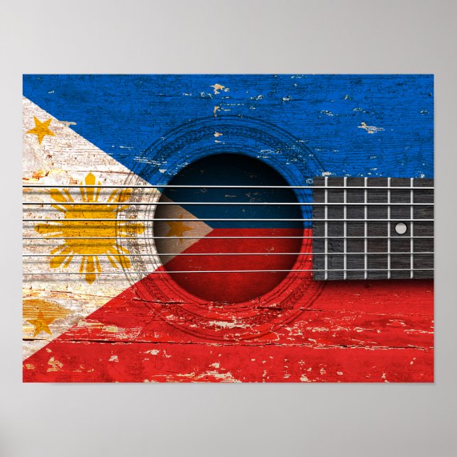 Affiche Drapeau philippin sur la vieille guitare acoustiqu (Devant)
