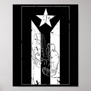 Affiche Drapeau Porto Rico Noir Et Blanc Avec Gant De Boxe