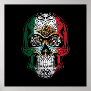 Affiche Drapeau Rose et crâne mexicain
