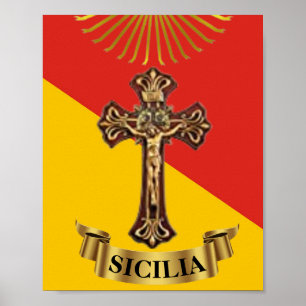 Affiche Drapeau sicilien et Crucifix de Sicile