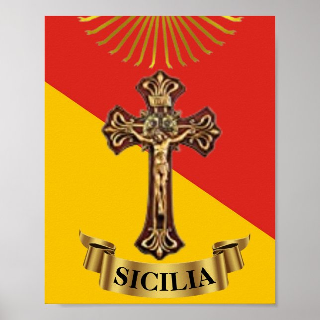 Affiche Drapeau sicilien et Crucifix de Sicile (Devant)