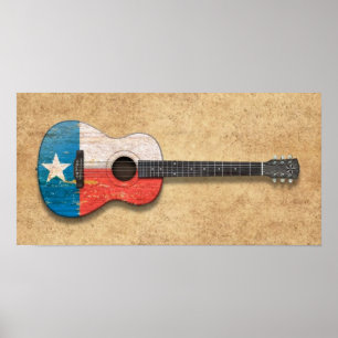 Affiche Drapeau Texas vieilli et porté Guitare acoustique