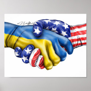Affiche Drapeau ukrainien et drapeau américain poignée de 
