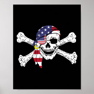 Affiche Drapeau Usa Crâne Patriotique Et Os Croisés Pirate
