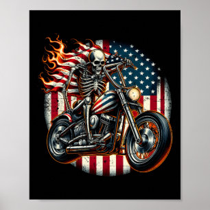 Affiche Drapeau Usa Motocyclette Biker Squelette 4 Juillet