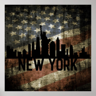 Affiche Drapeau Vintage américain Patriotique New York Sky