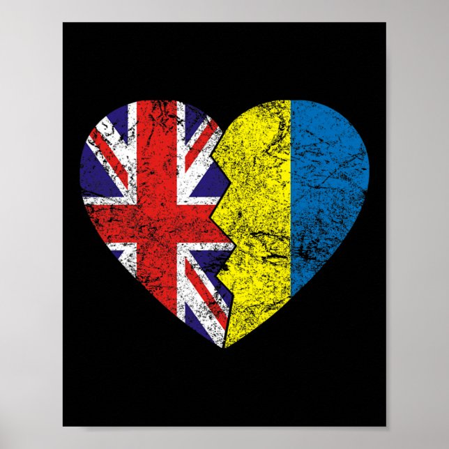 Affiche Drapeaux Ukrainiens Britanniques Cœur Royaume-Uni  (Devant)