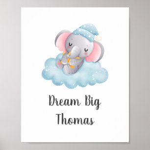 Affiche Dream Big Blue Elephant Baby Boy Nursery Wall Art