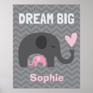 Affiche Dream Big Little One - Eléphants gris et rose