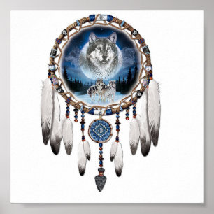 Affiche Dream Catcher with wolf background