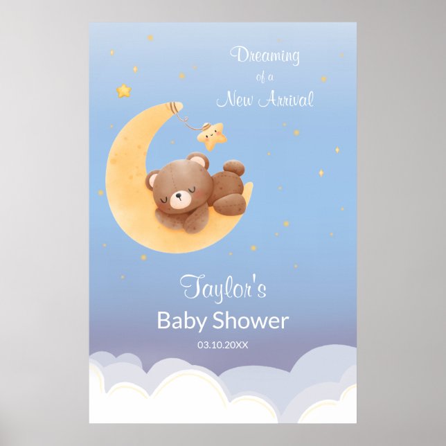 Affiche Dreaming Teddy Bear Moon Soft Blue Baby Shower (Devant)