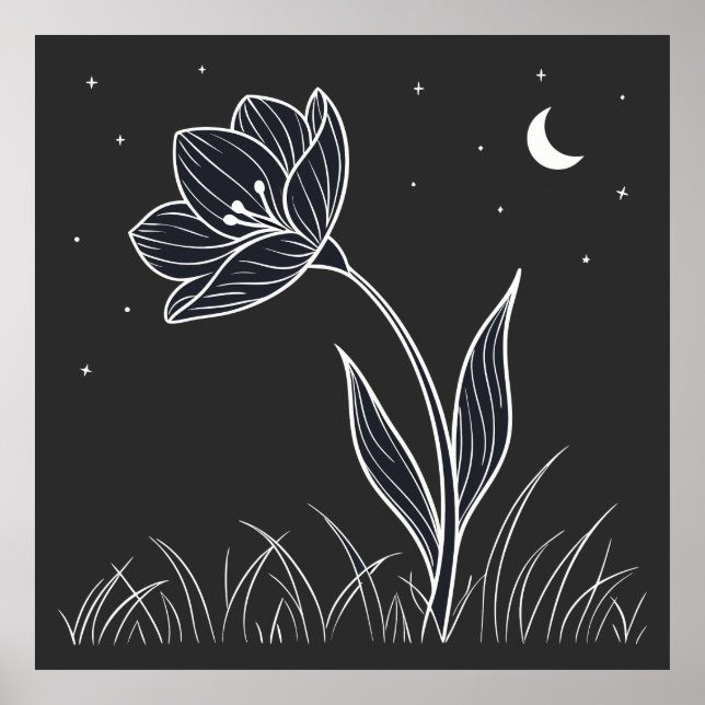 Affiche Dreamlit Moonlit Flower Line Art avec étoiles (Devant)