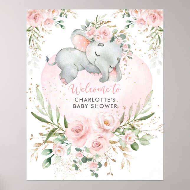 Affiche Dreamy Elephant Rose Blush Floral Baby Welcome (Devant)