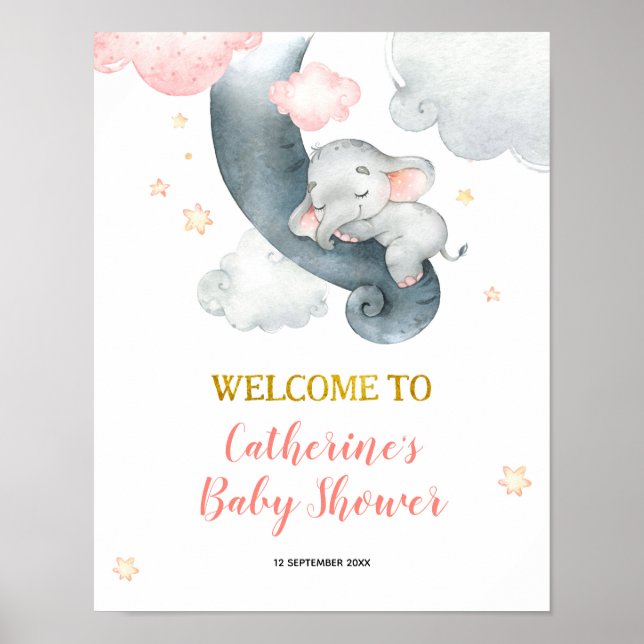 Affiche Dreamy Stars Elephant Girl Baby shower (Devant)