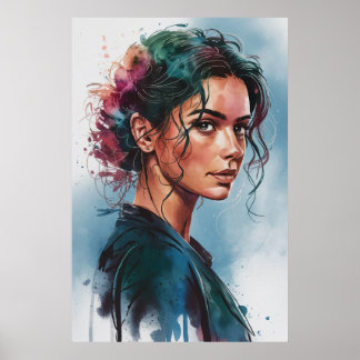 Affiche Dreamy Watercolor Woman Portrait with Colorful Hai