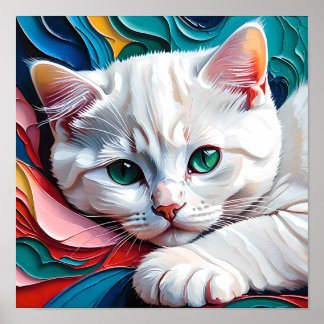 Affiche Dreamy White Kitten – Soft Pastel Abstract Cat Art
