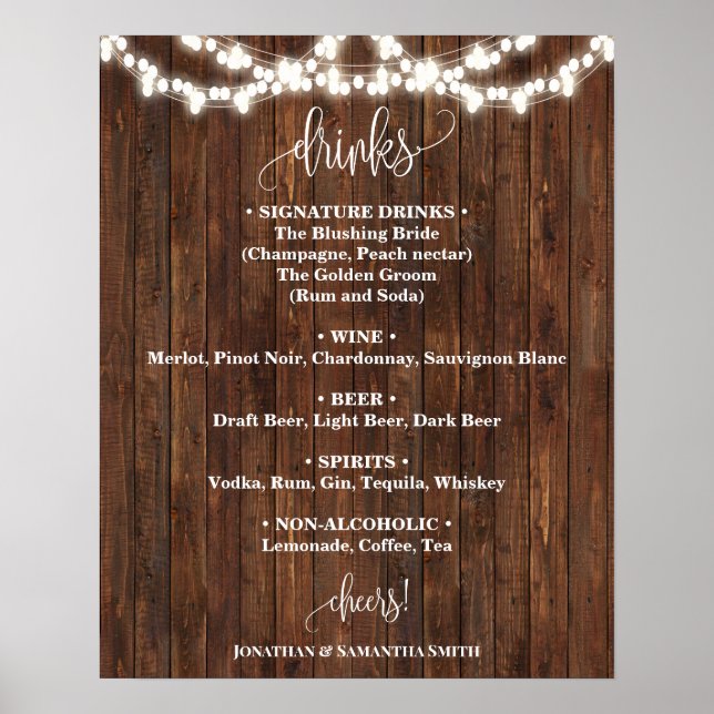 Affiche Drinks Menu Sign Country Western Wedding (Devant)