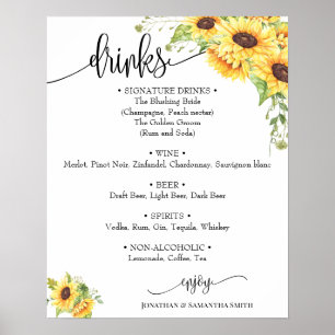 Affiche Drinks menu sign wedding sunflower floral boho