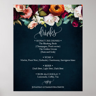 Affiche Drinks Menu sign Wine Navy Wedding Eucalyptus