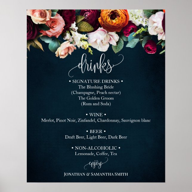 Affiche Drinks Menu sign Wine Navy Wedding Eucalyptus (Devant)
