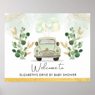 Affiche Drive By Baby shower Parade Greenery Gold Welcome