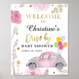 Affiche Drive By Baby shower Parade Rose Floral Bienvenue